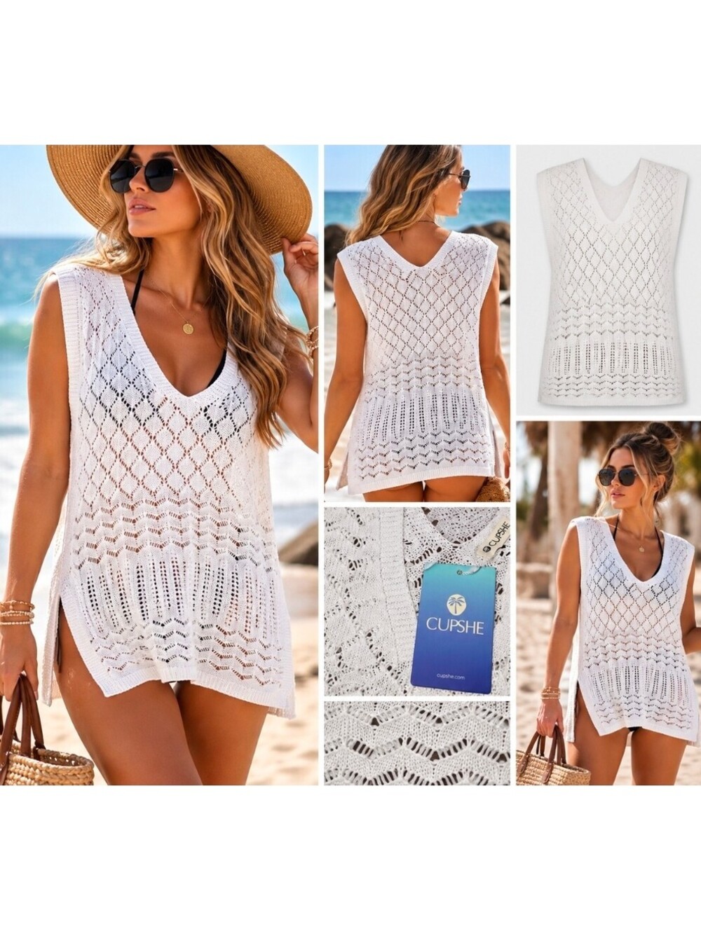 CUPSHE Women’s White Crochet Open Knit Swim Cover Up Sleeveless NWT Size M